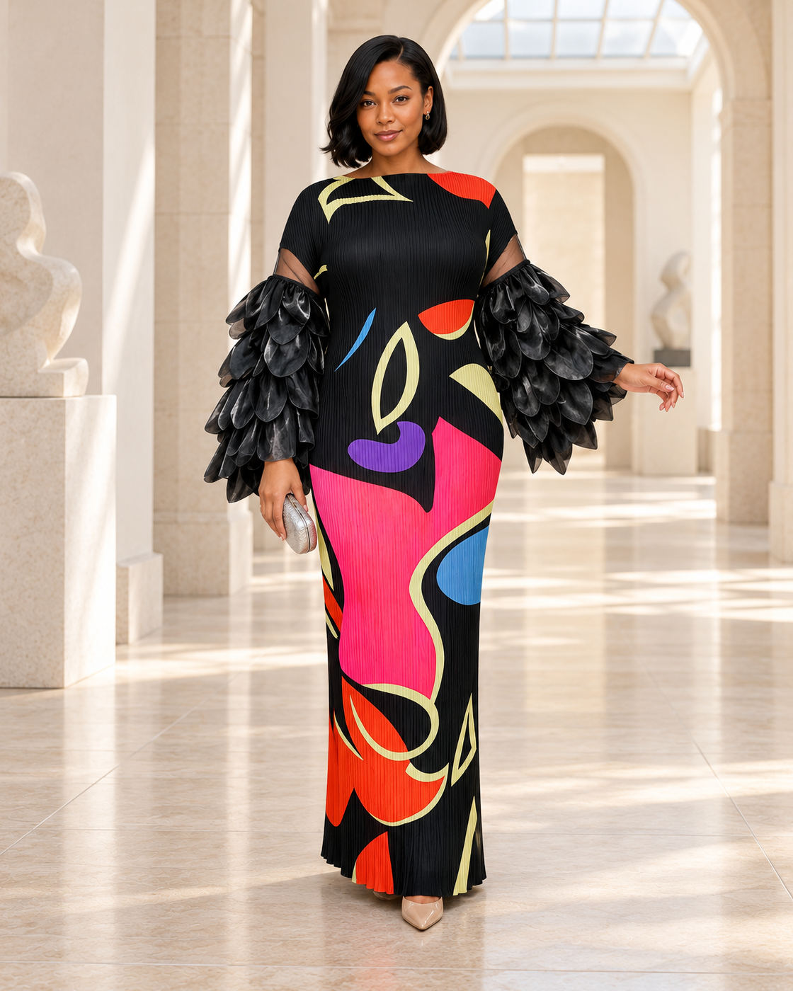 Ferina Petal-Sleeve Kaftan — Black Abstract — Model 3 — front view