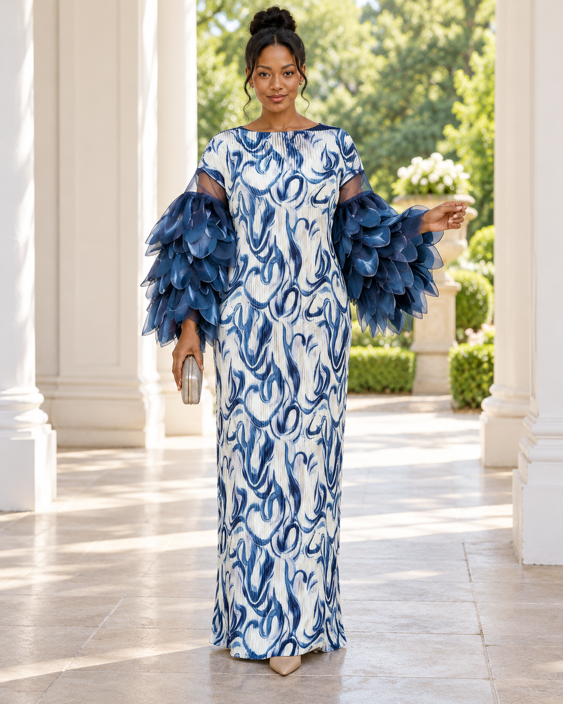 Ferina Petal-Sleeve Kaftan — Blue Swirl — Model 4 — front view