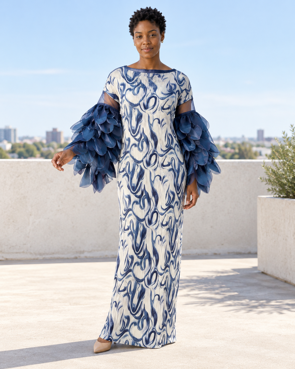 Ferina Petal-Sleeve Kaftan — Blue Swirl — Model 8 — front view