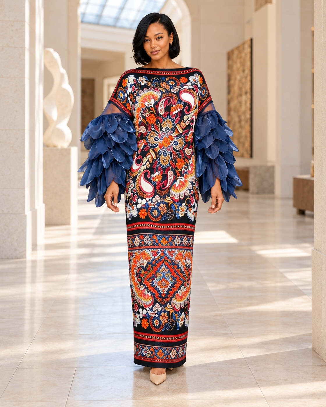 Ferina Petal-Sleeve Kaftan — Medallion Print — Model 3 — front view