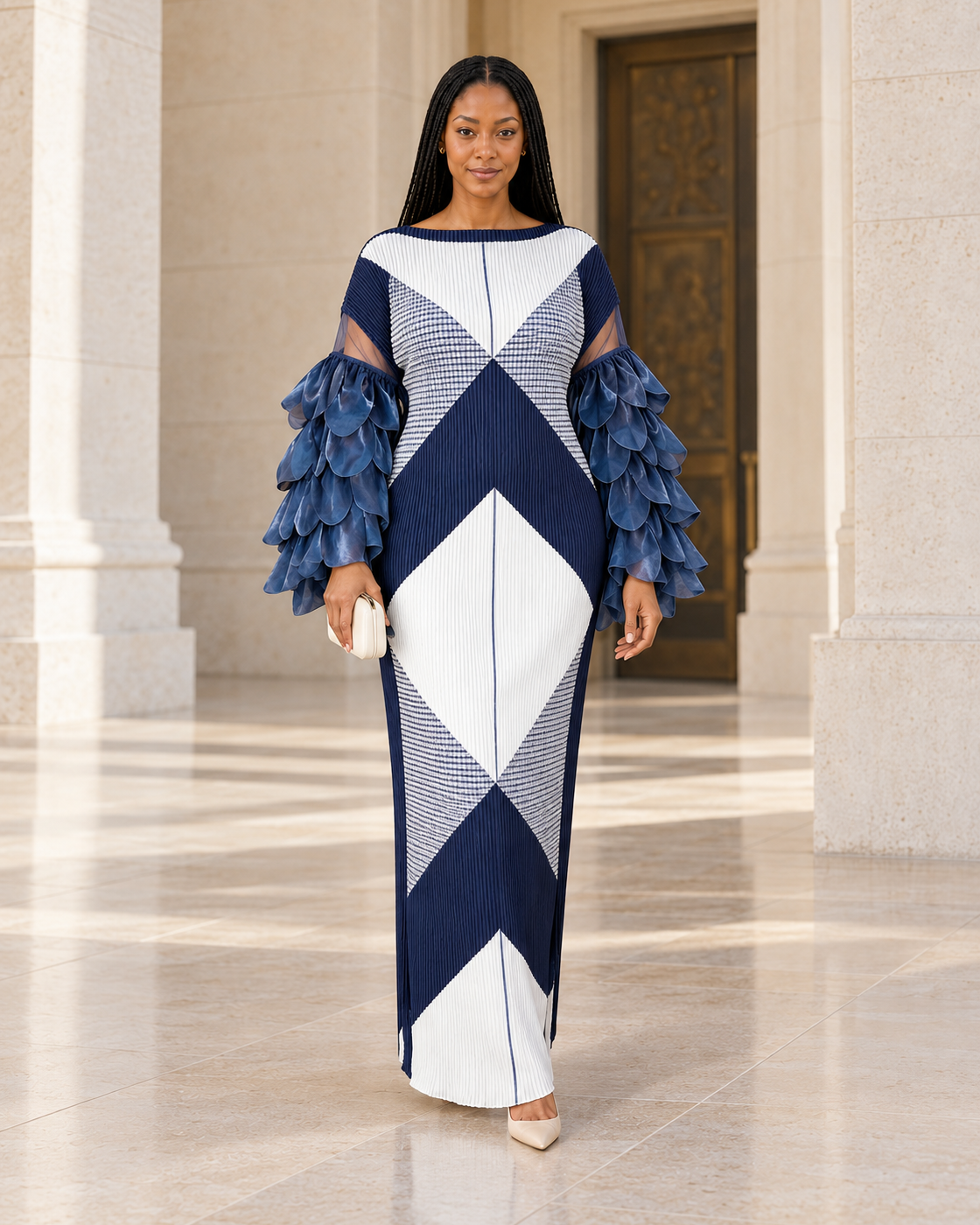 Ferina Petal-Sleeve Kaftan — Navy Geometric — Model 1 — front view