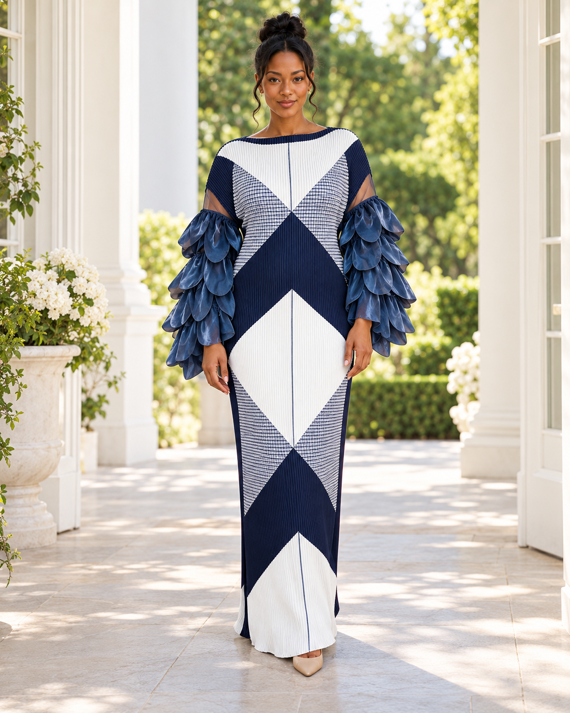 Ferina Petal-Sleeve Kaftan — Navy Geometric — Model 4 — front view