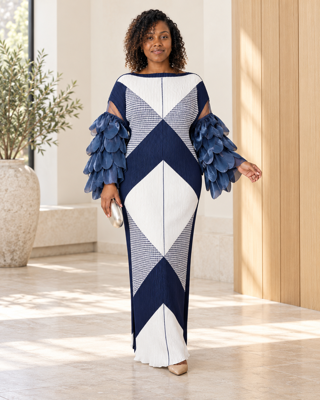 Ferina Petal-Sleeve Kaftan — Navy Geometric — Model 7 — front view