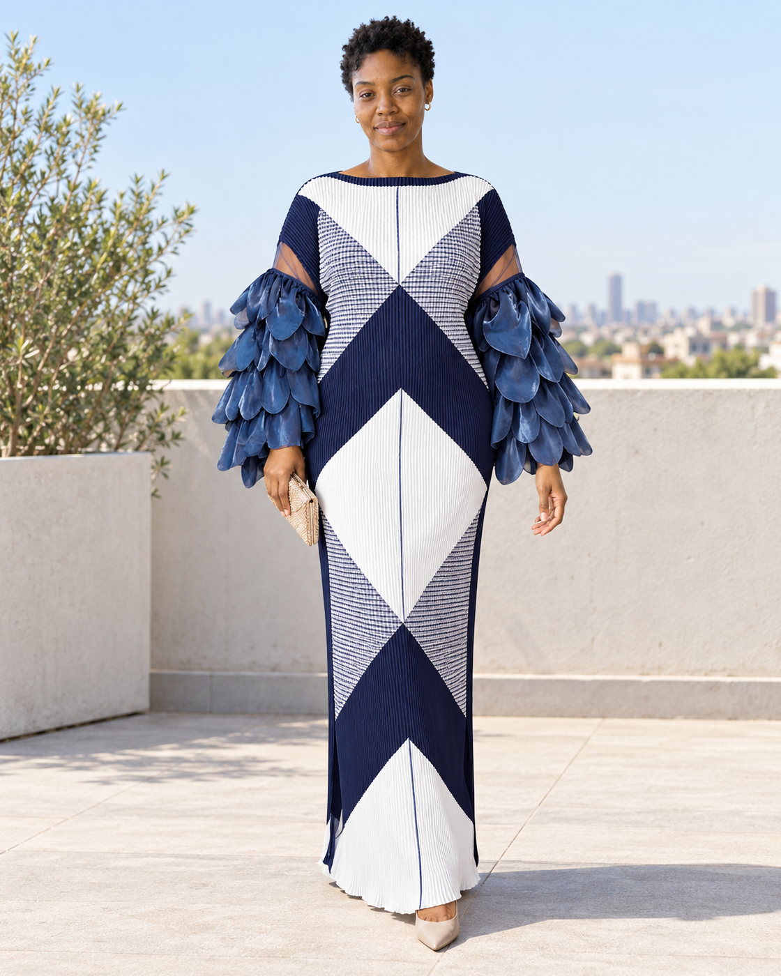 Ferina Petal-Sleeve Kaftan — Navy Geometric — Model 8 — front view