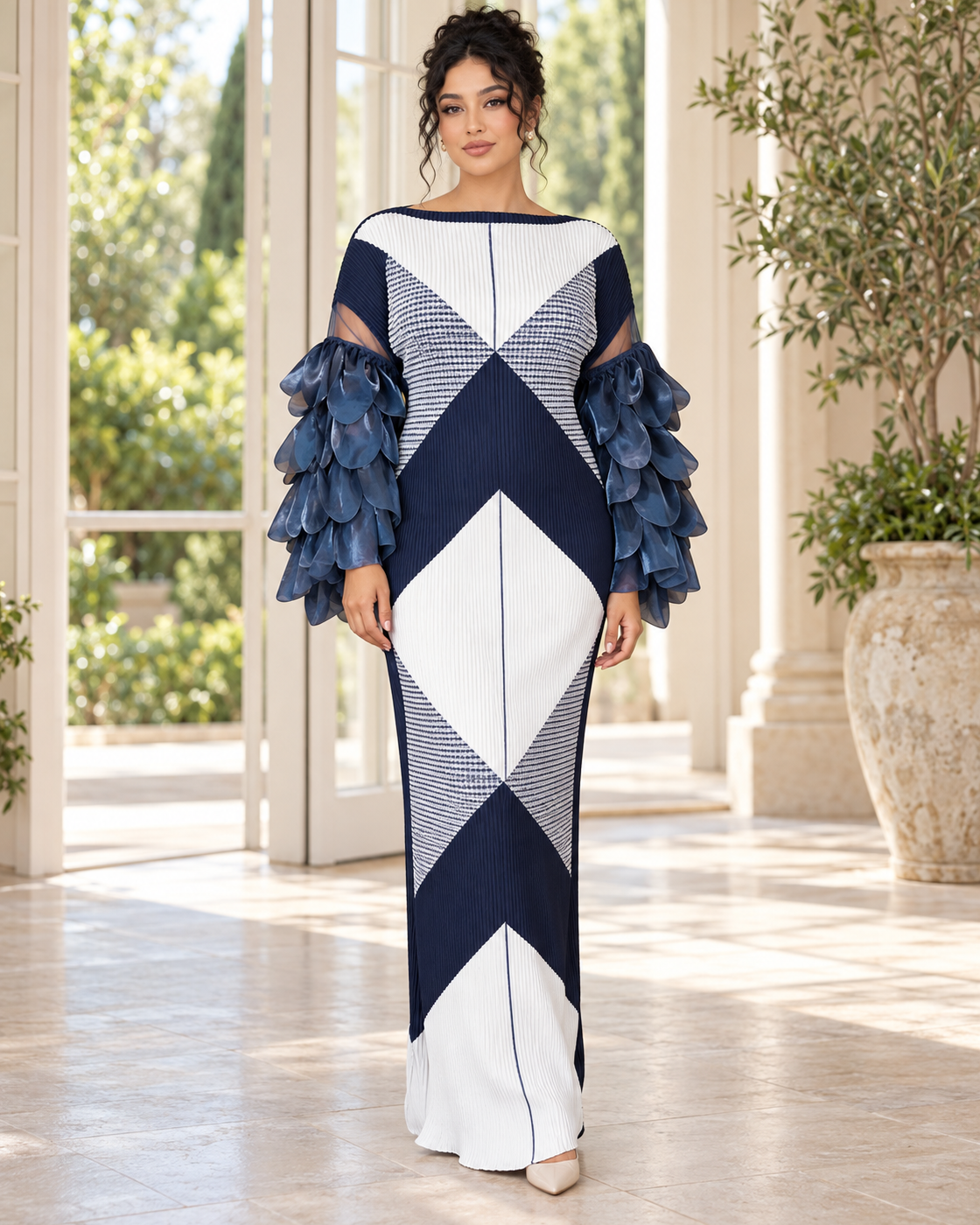 Ferina Petal-Sleeve Kaftan — Navy Geometric — Model 9 — front view