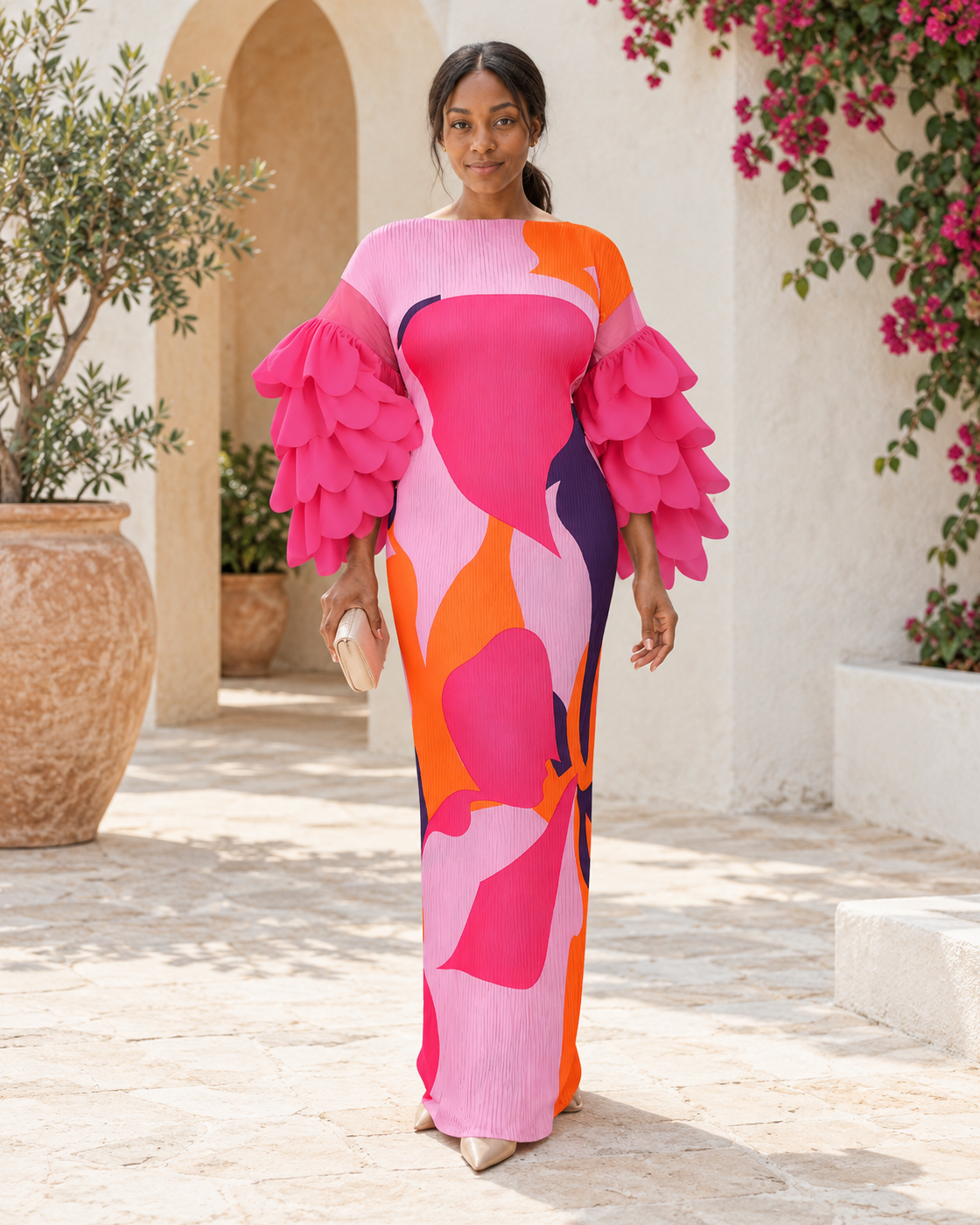 Ferina Petal-Sleeve Kaftan — Pink Abstract — Model 6 — front view