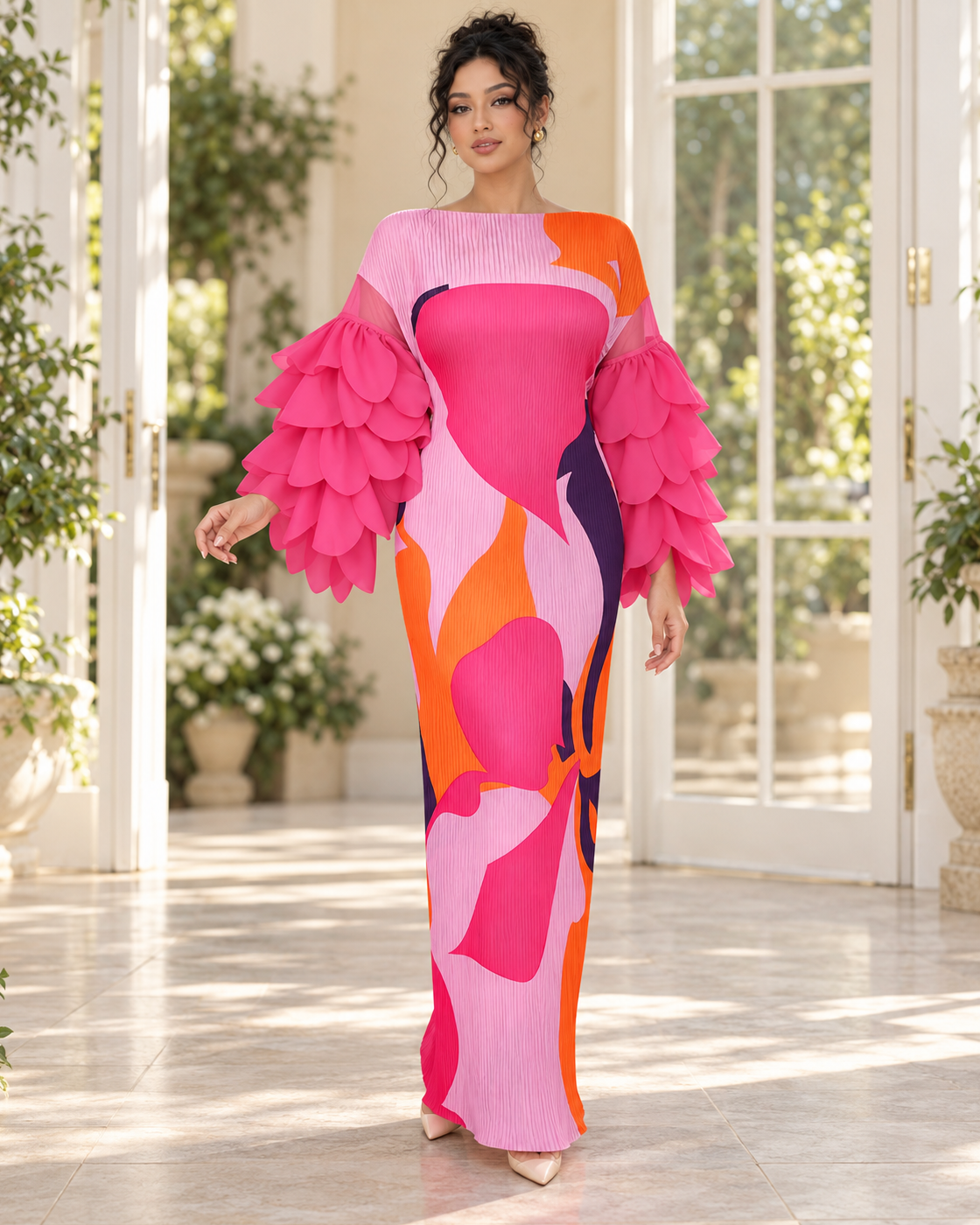 Ferina Petal-Sleeve Kaftan — Pink Abstract — Model 9 — front view