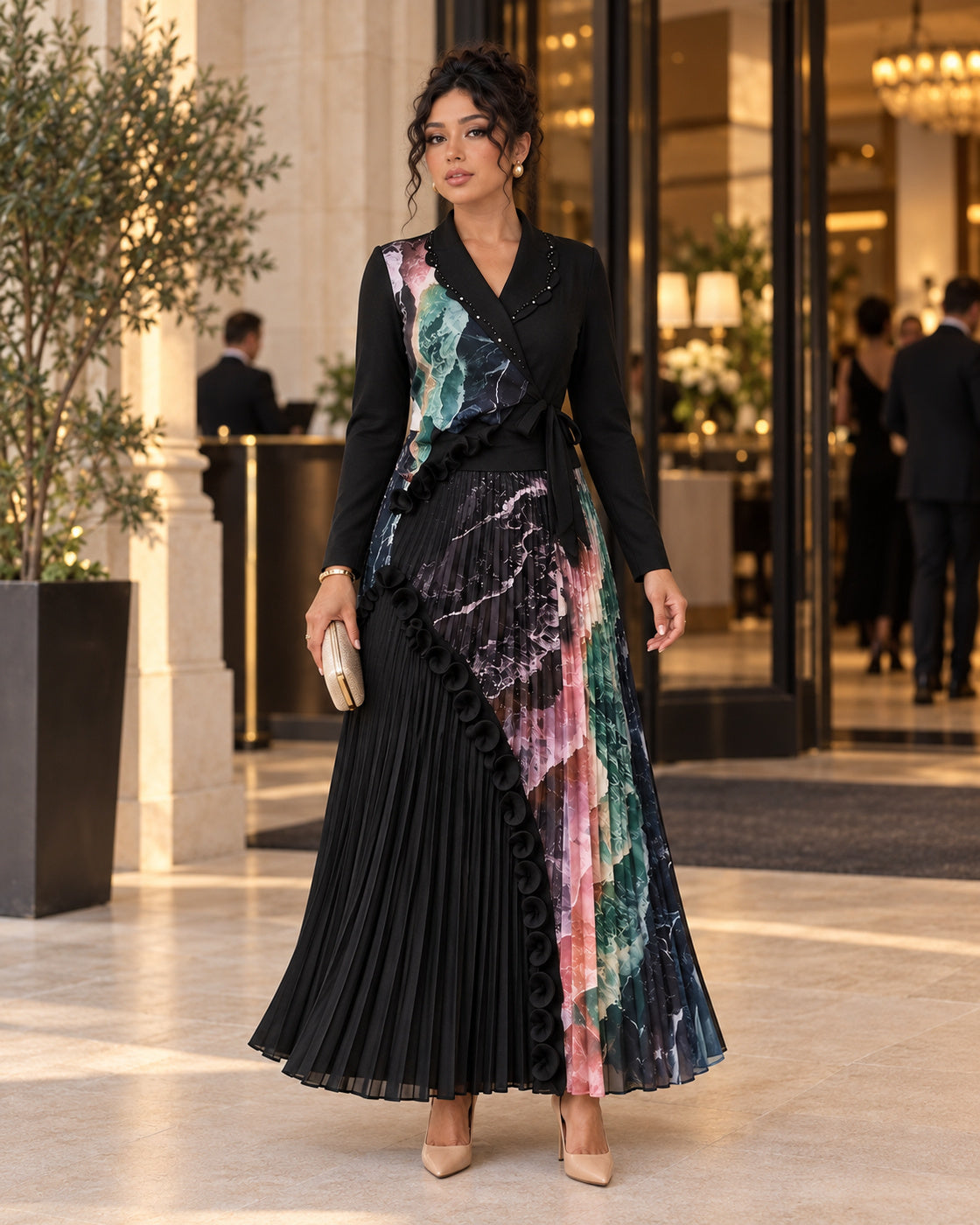 Isolde Ruffle Pleated Set in Black on Model 9, front lifestyle view