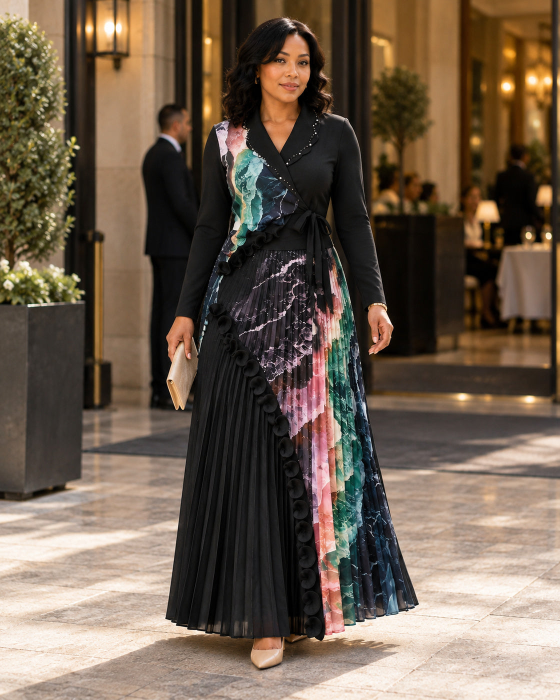 Isolde Ruffle Pleated Set in Black on Model 10, front lifestyle view