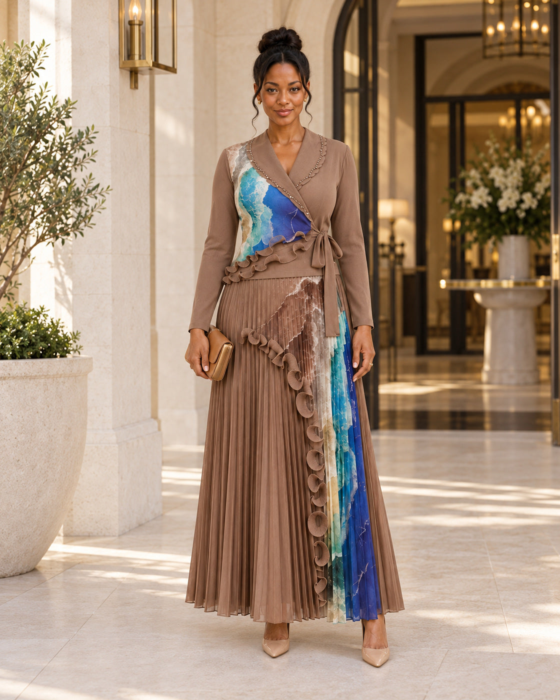 Isolde Ruffle Pleated Set in Brown on Model 4, front lifestyle view