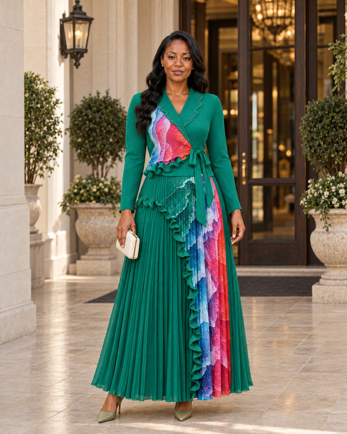Isolde Ruffle Pleated Set in Emerald Green on Model 5, front lifestyle view