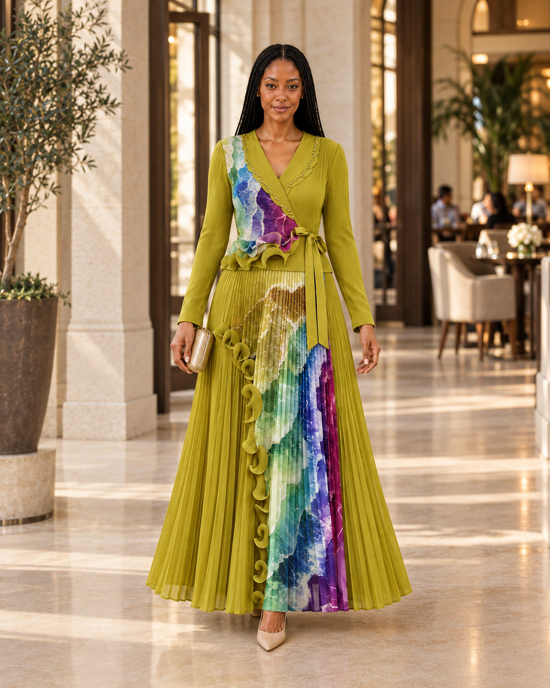 Isolde Ruffle Pleated Set in Olive Green on Model 1, front lifestyle view