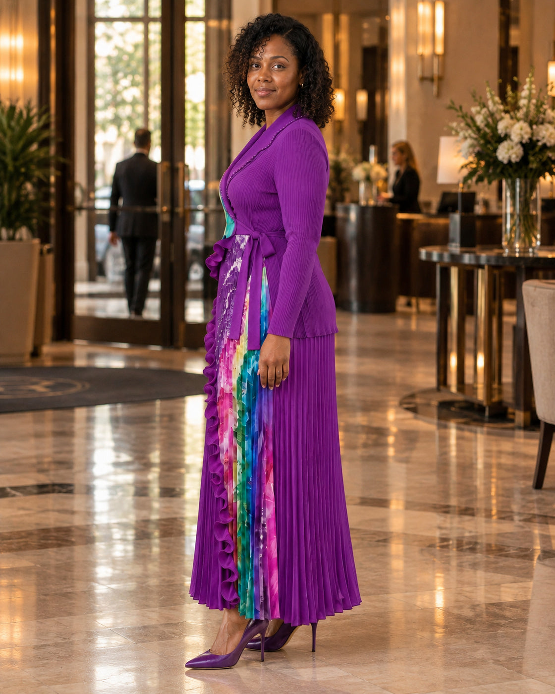 Isolde Ruffle Pleated Set in Purple on Model 7, true side lifestyle view