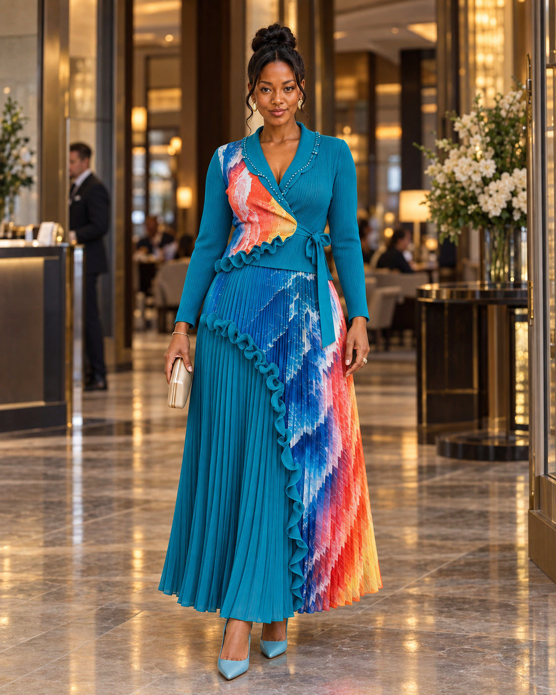 Isolde Ruffle Pleated Set in Turquoise on Model 4, front lifestyle view