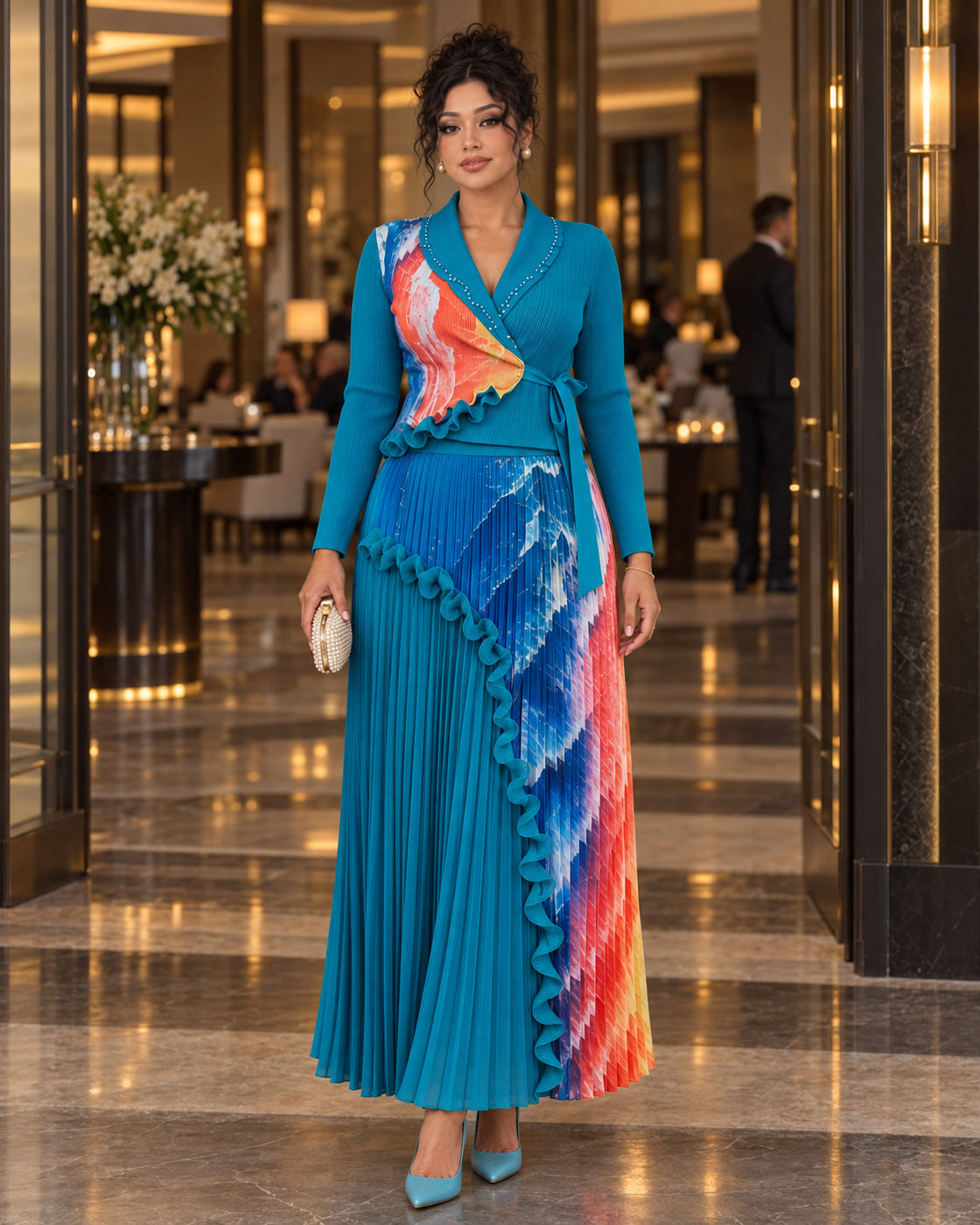 Isolde Ruffle Pleated Set in Turquoise on Model 9, front lifestyle view