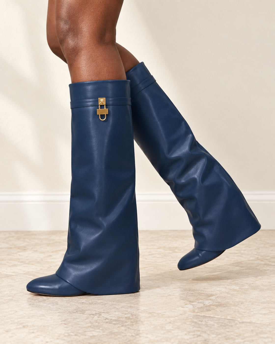 Maelle Lock Boots in Midnight — crossed side on foot