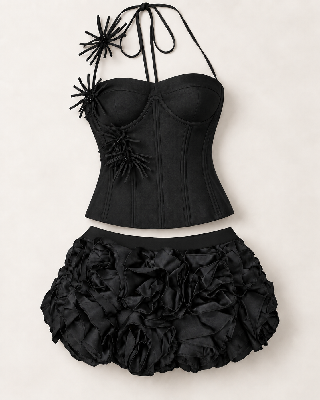 Ravelle Rosette Skirt Set in Black — standalone corset top and matching mini skirt