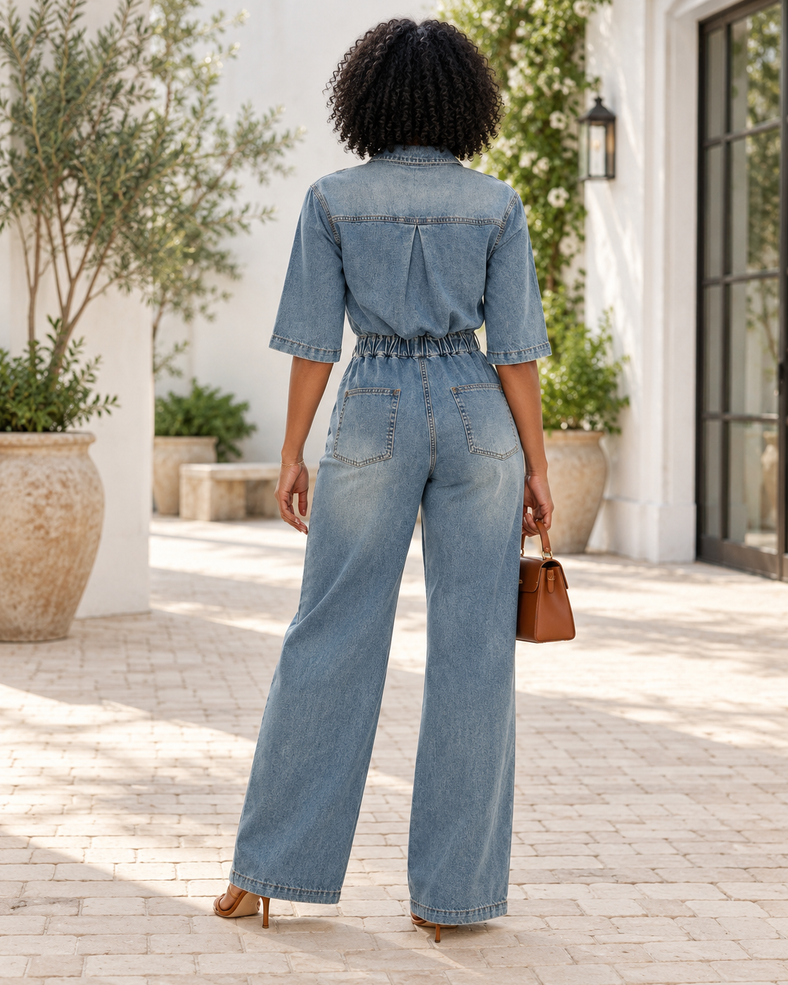 Rovina Denim Jumpsuit — Washed Blue — Model 2 — back view