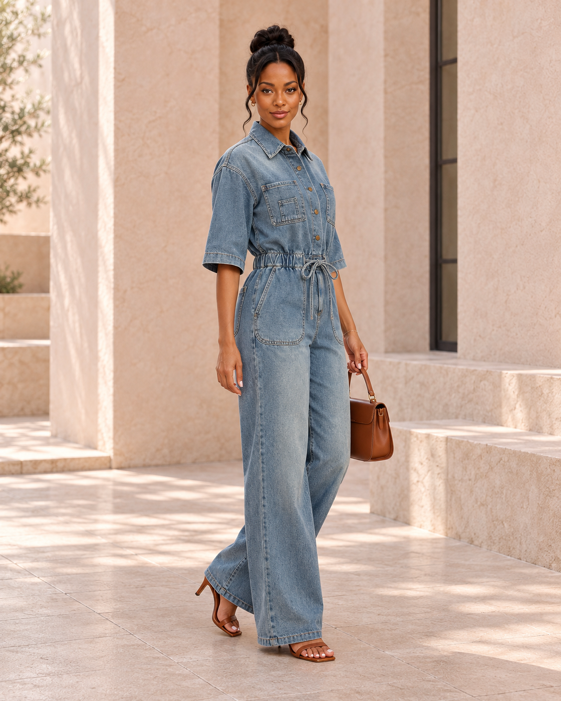 Rovina Denim Jumpsuit — Washed Blue — Model 4 — angle view
