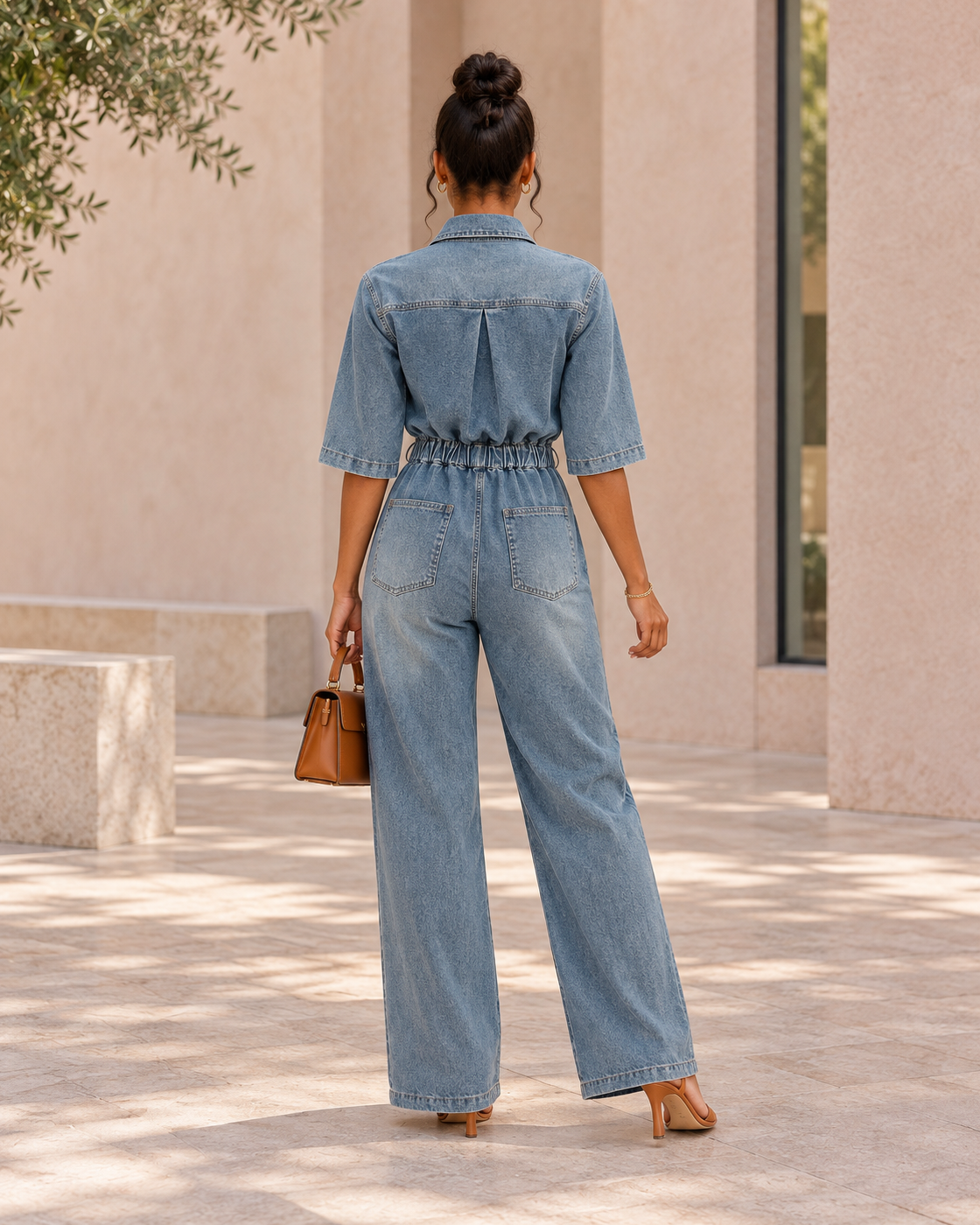 Rovina Denim Jumpsuit — Washed Blue — Model 4 — back view