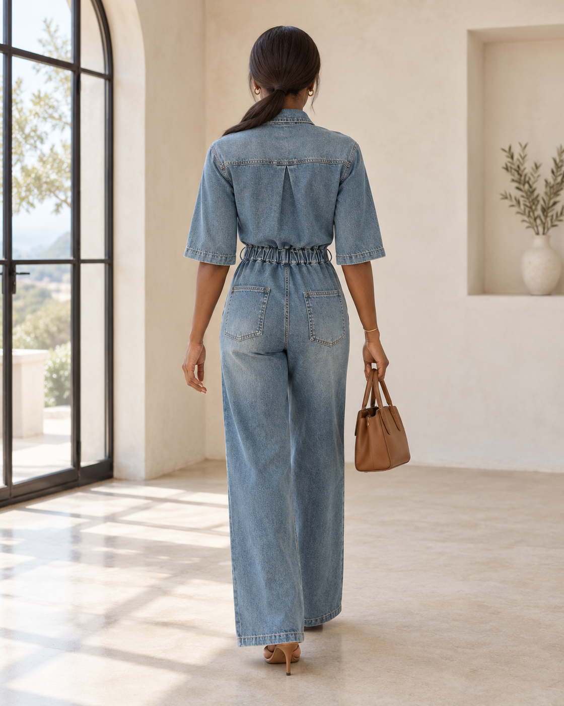 Rovina Denim Jumpsuit — Washed Blue — Model 6 — back view