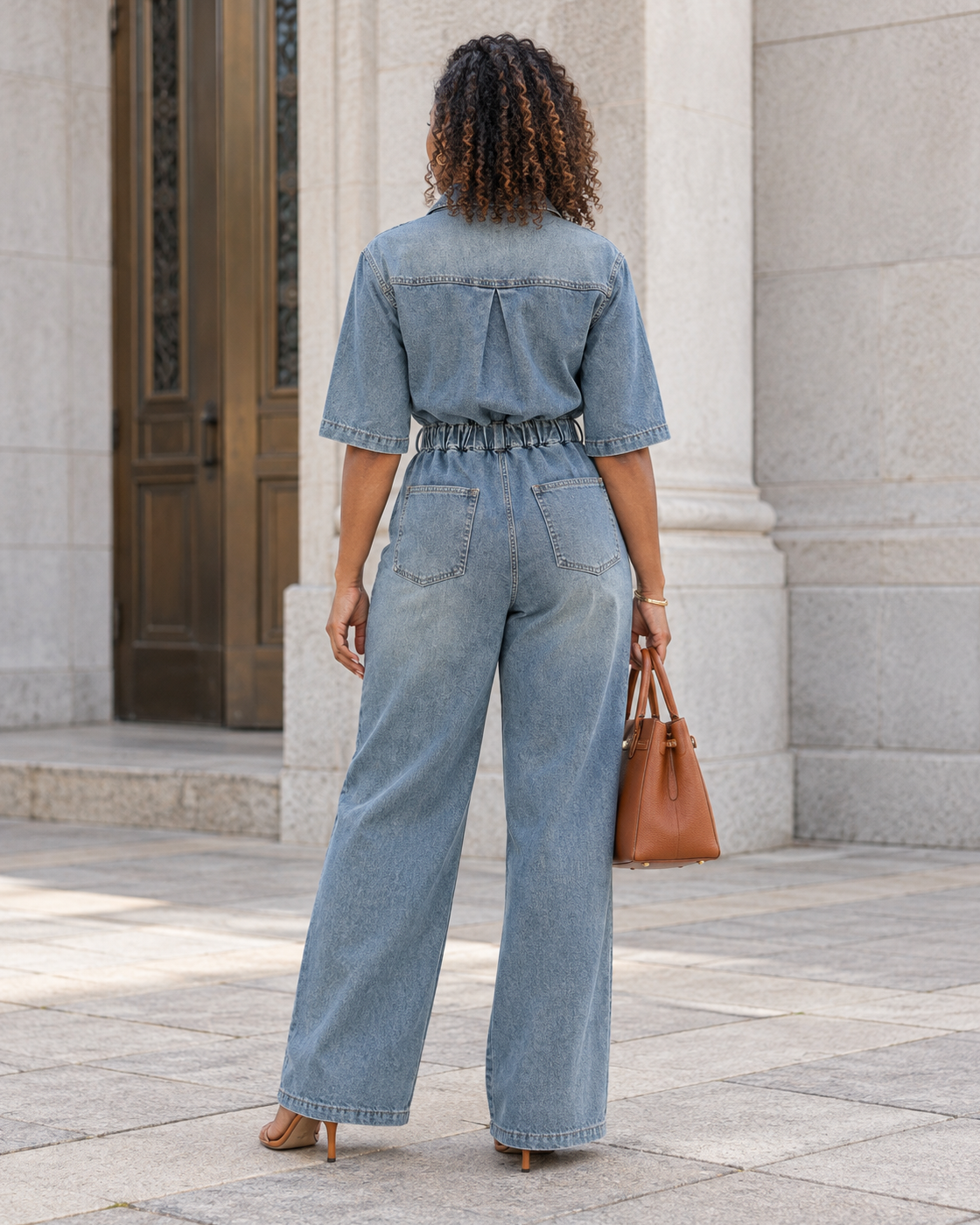 Rovina Denim Jumpsuit — Washed Blue — Model 7 — back view