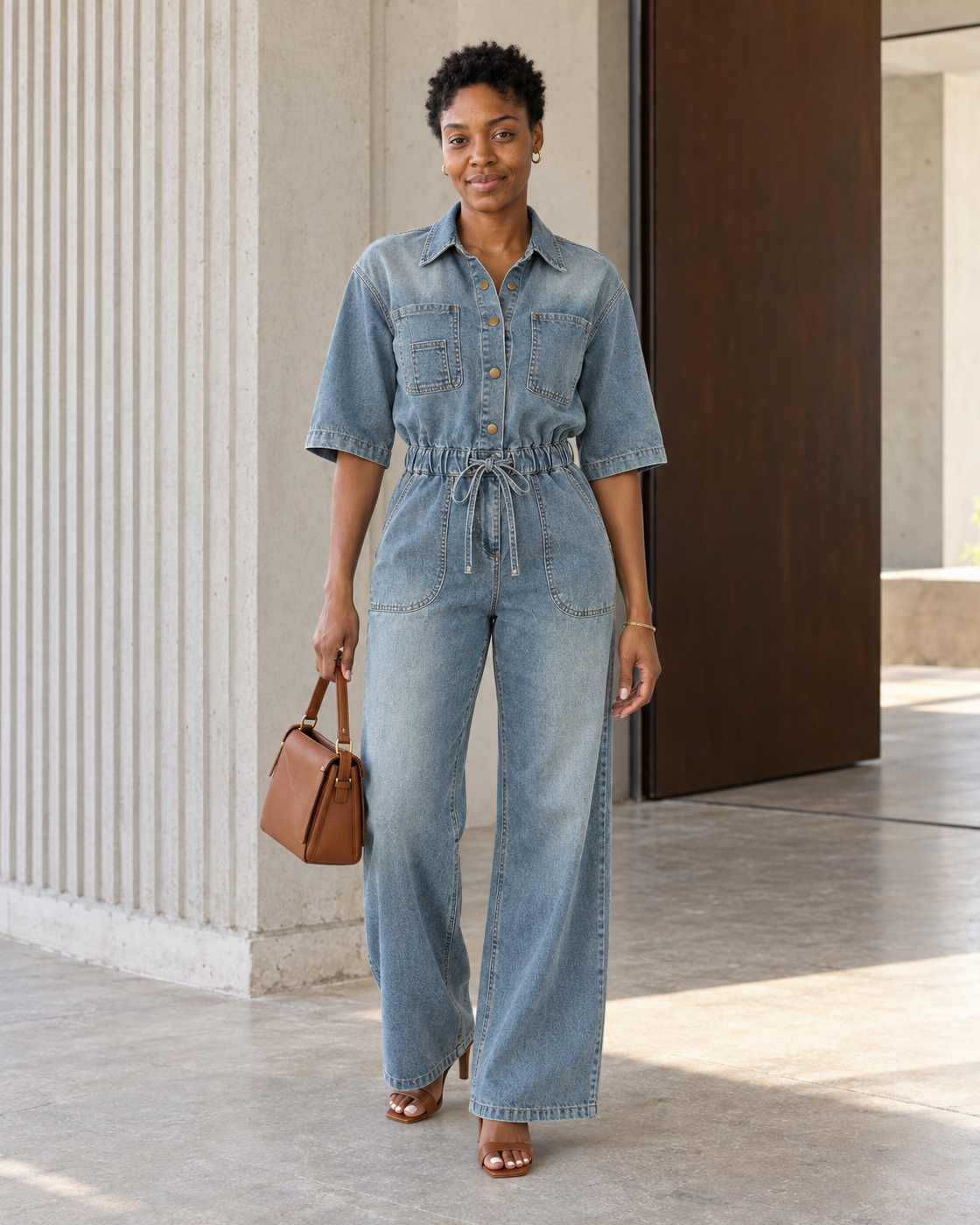 Rovina Denim Jumpsuit — Washed Blue — Model 8 — front view