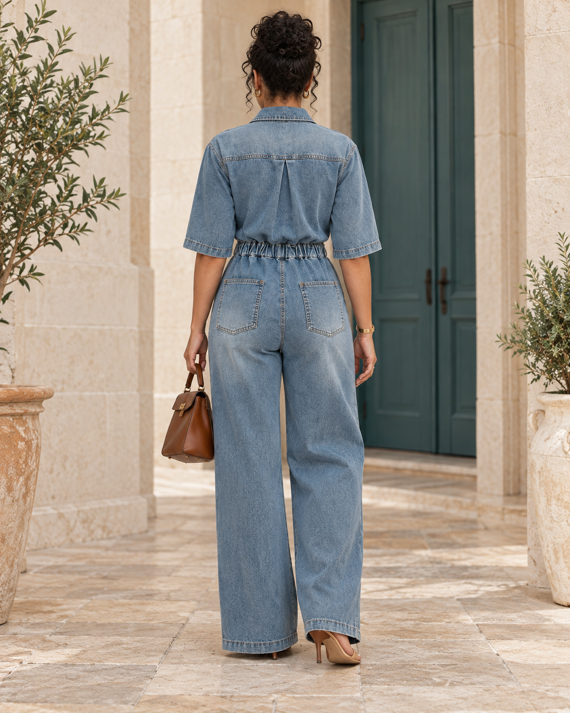 Rovina Denim Jumpsuit — Washed Blue — Model 11 — back view