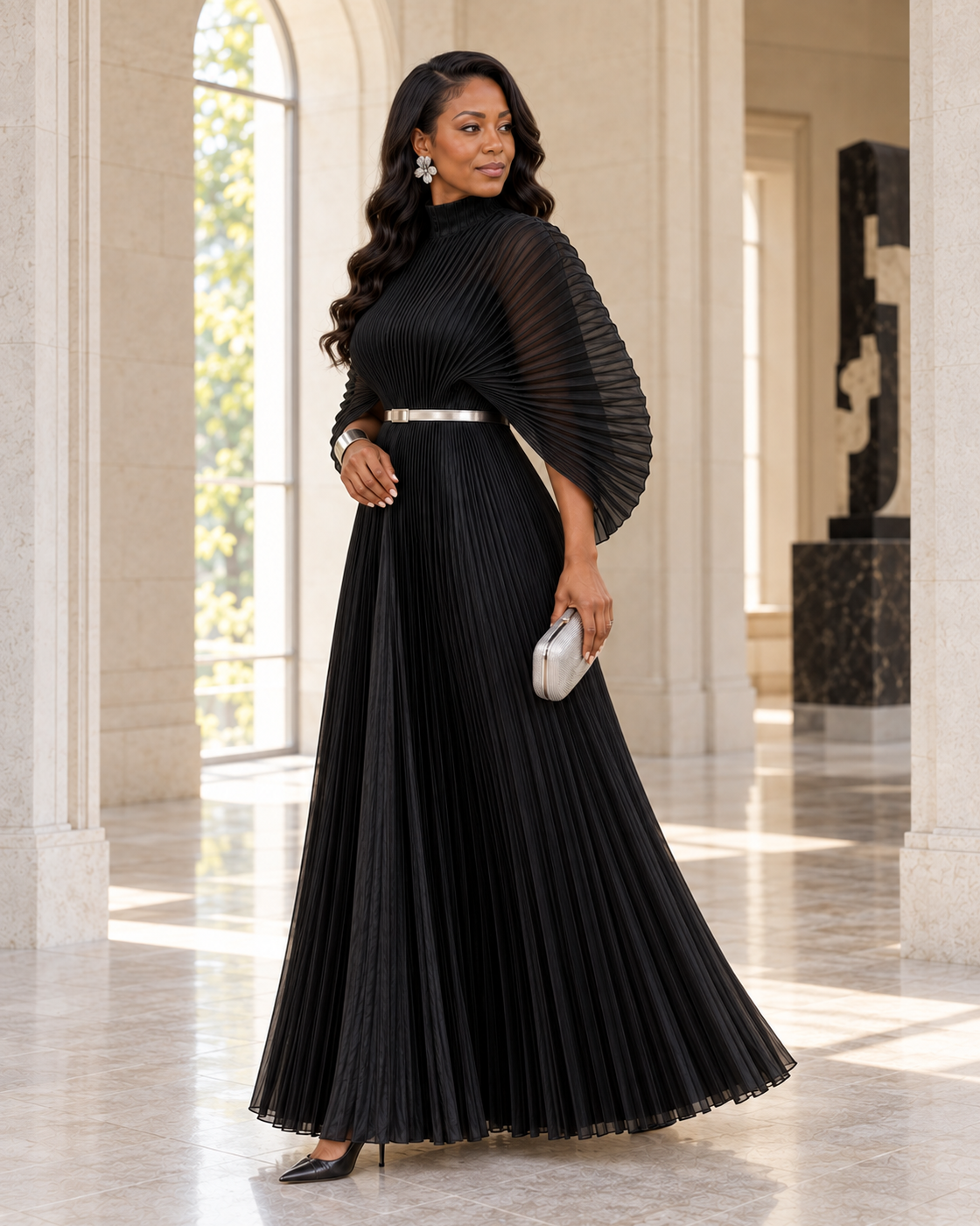 Serapha Pleated Maxi Dress in Black — three-quarter view; styling belt not included
