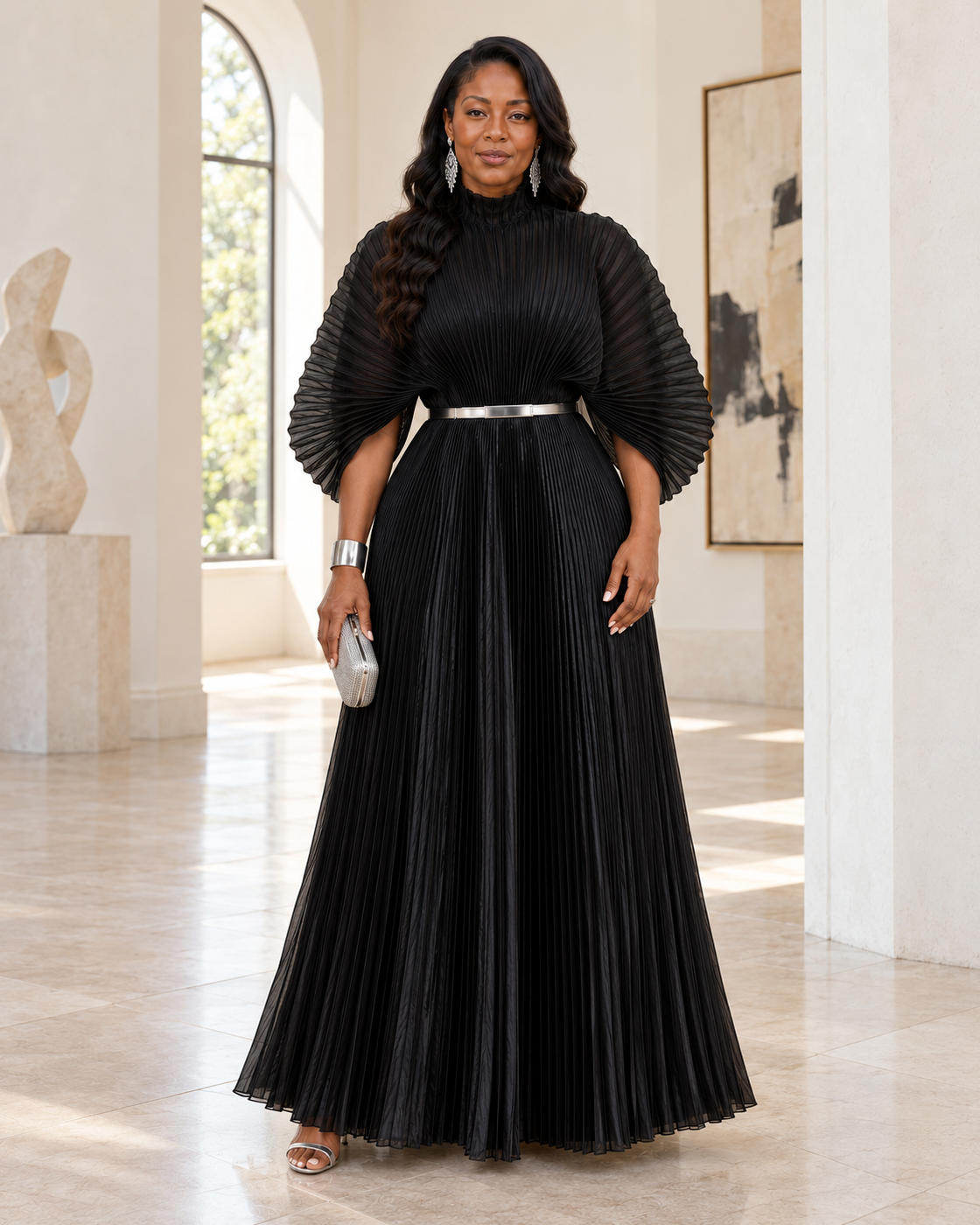 Serapha Pleated Maxi Dress in Black — front view; styling belt not included