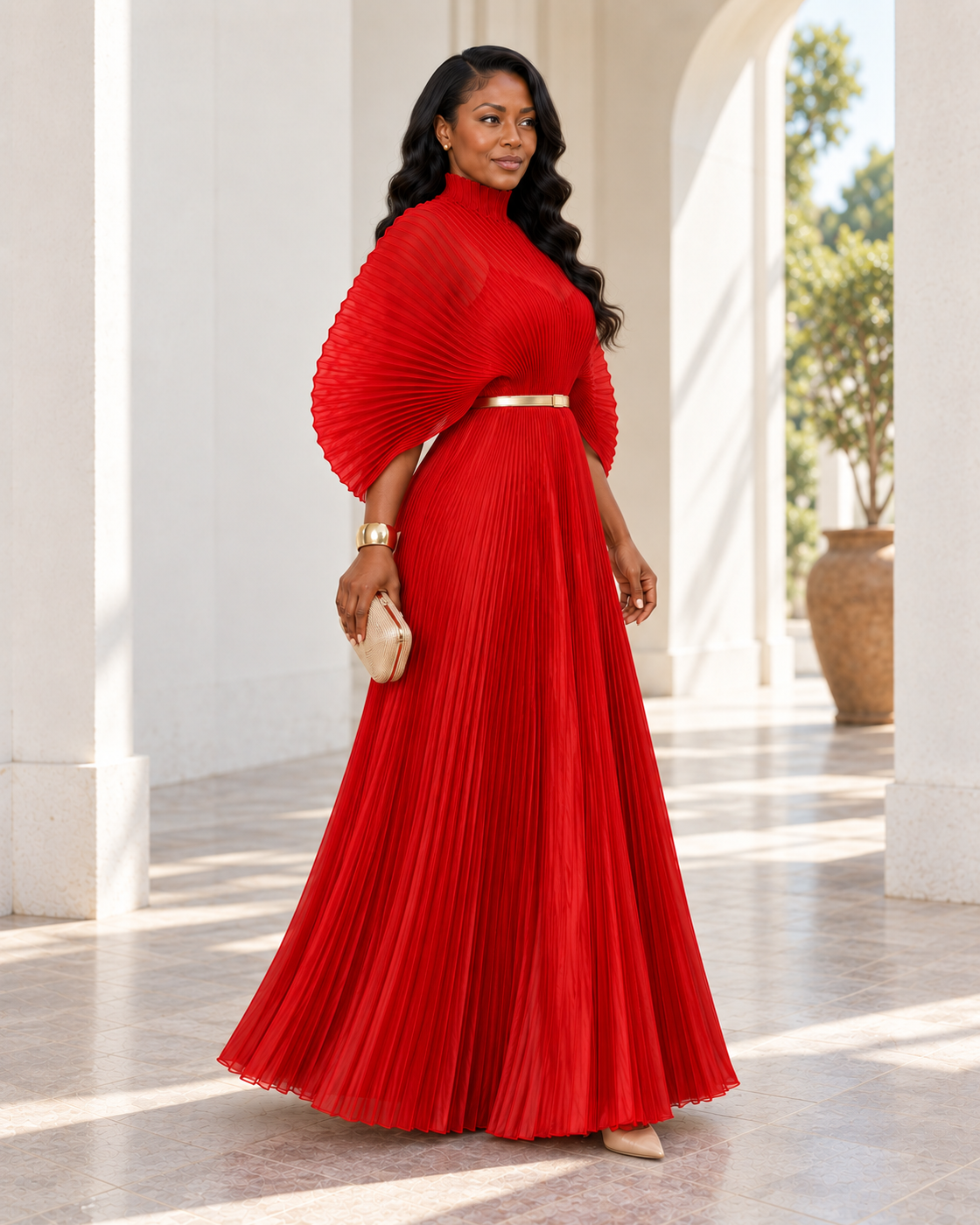 Serapha Pleated Maxi Dress in Red — three-quarter view; styling belt not included