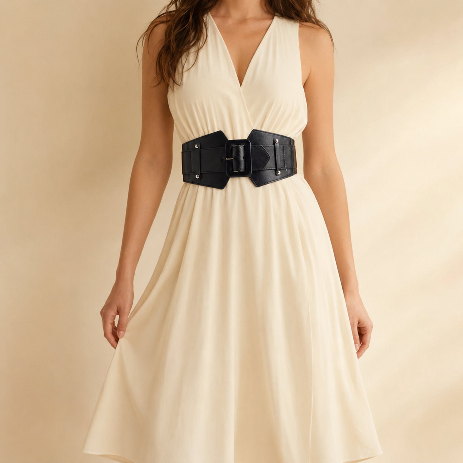 Black Vale Cinch Belt styled over an ivory dress