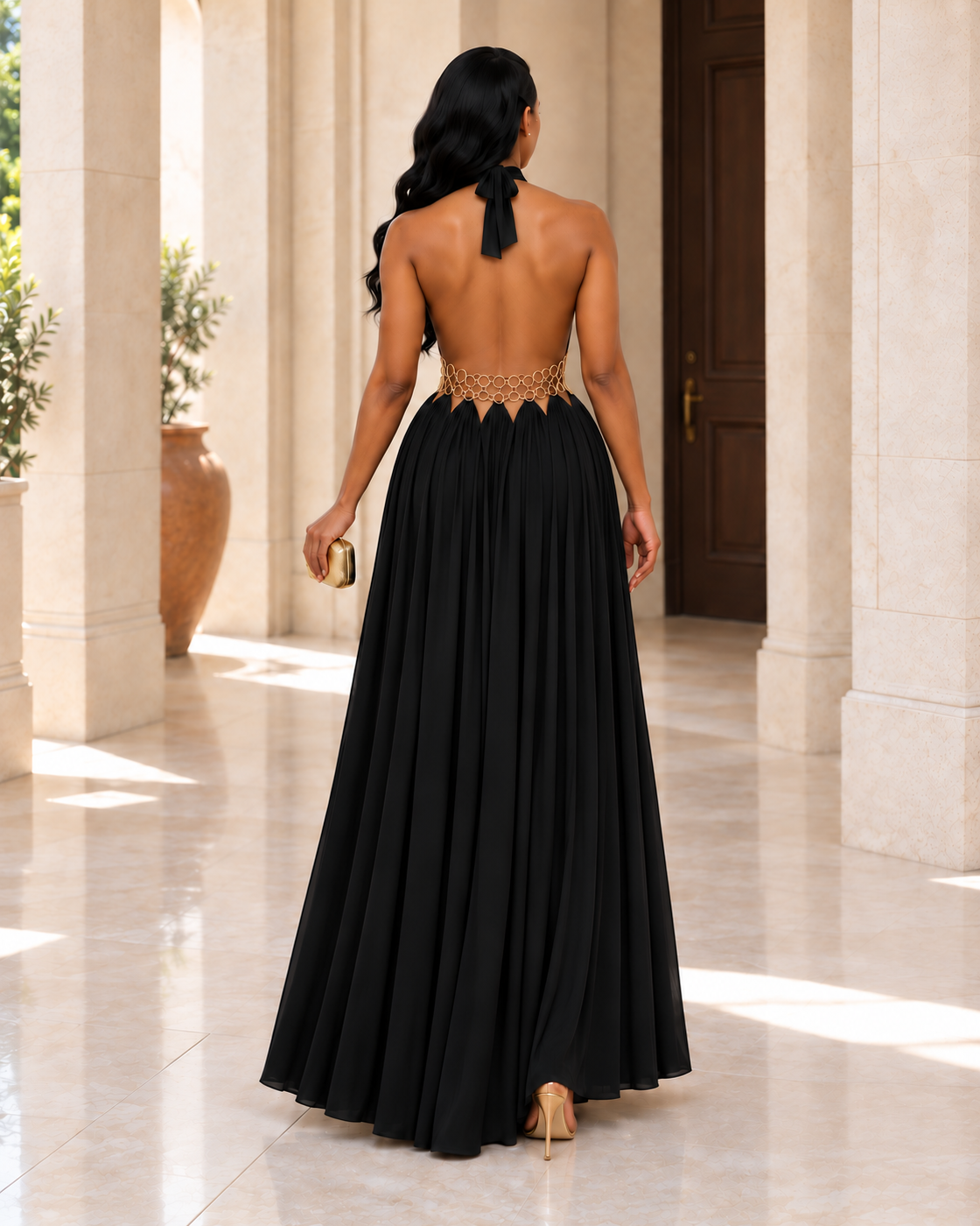 Avelise Ring Halter Gown — Black — Model 5 — back view