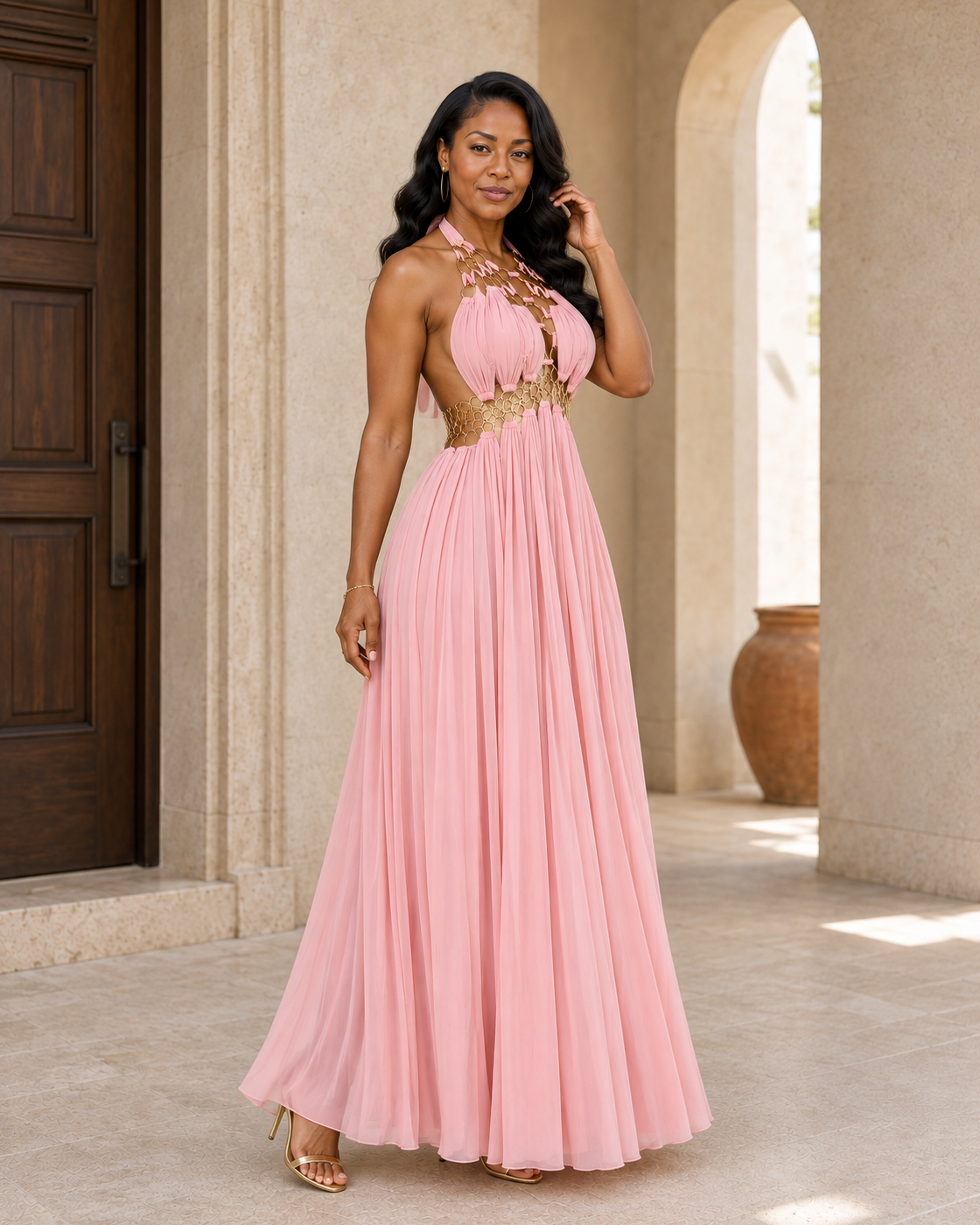 Avelise Ring Halter Gown — Pink — Model 5 — angle view