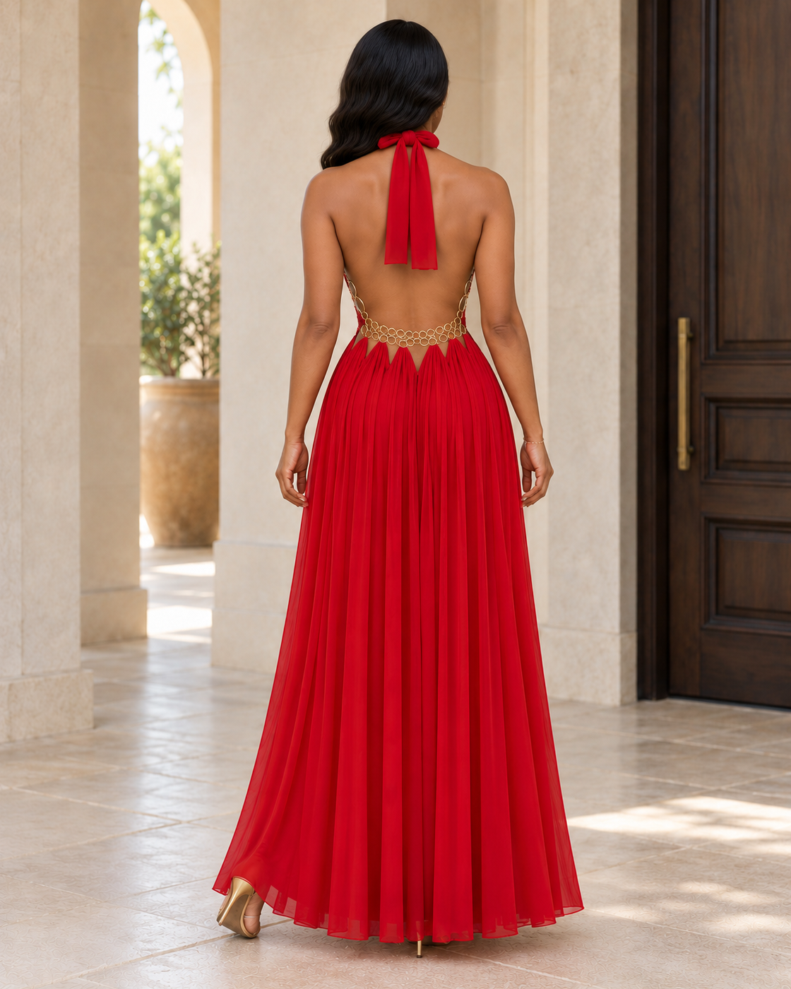 Avelise Ring Halter Gown — Red — Model 5 — back view