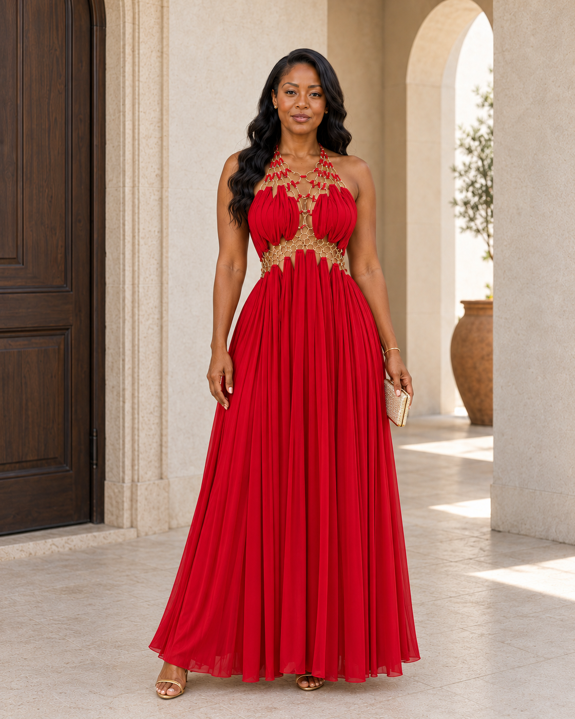 Avelise Ring Halter Gown — Red — Model 5 — front view