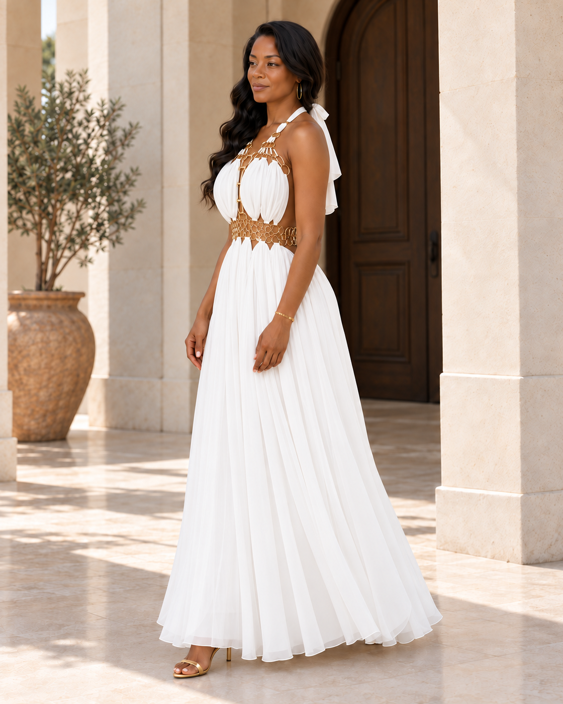 Avelise Ring Halter Gown — White — Model 5 — angle view