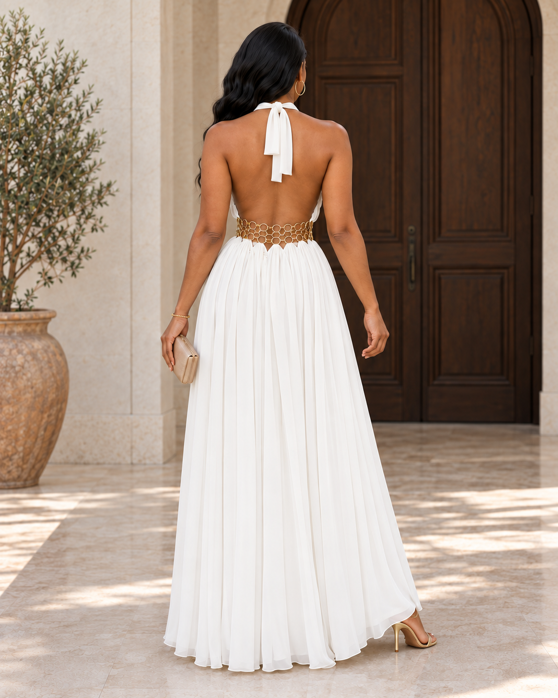 Avelise Ring Halter Gown — White — Model 5 — back view