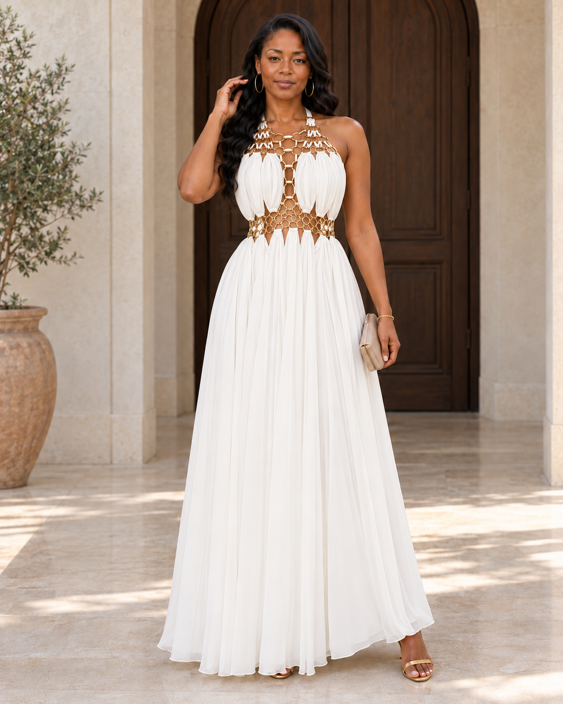 Avelise Ring Halter Gown — White — Model 5 — front view
