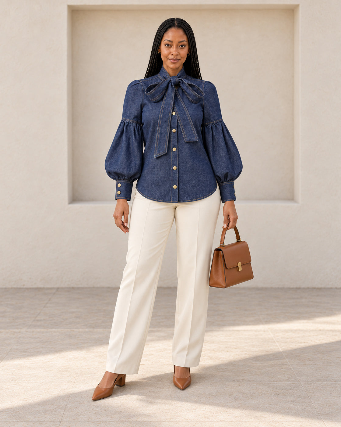 Aderyn Bow Blouse — Denim Blue - Long Sleeve — Model 1 — front view