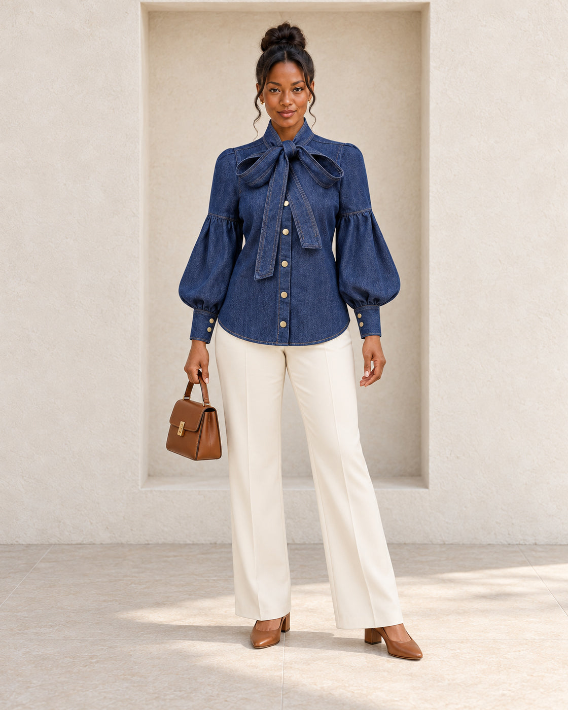 Aderyn Bow Blouse — Denim Blue - Long Sleeve — Model 4 — front view
