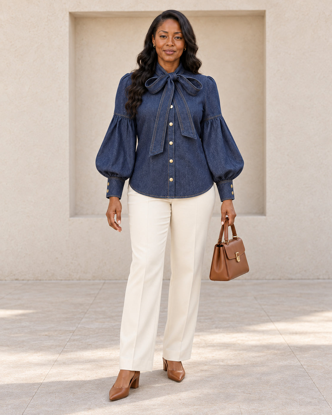 Aderyn Bow Blouse — Denim Blue - Long Sleeve — Model 5 — front view