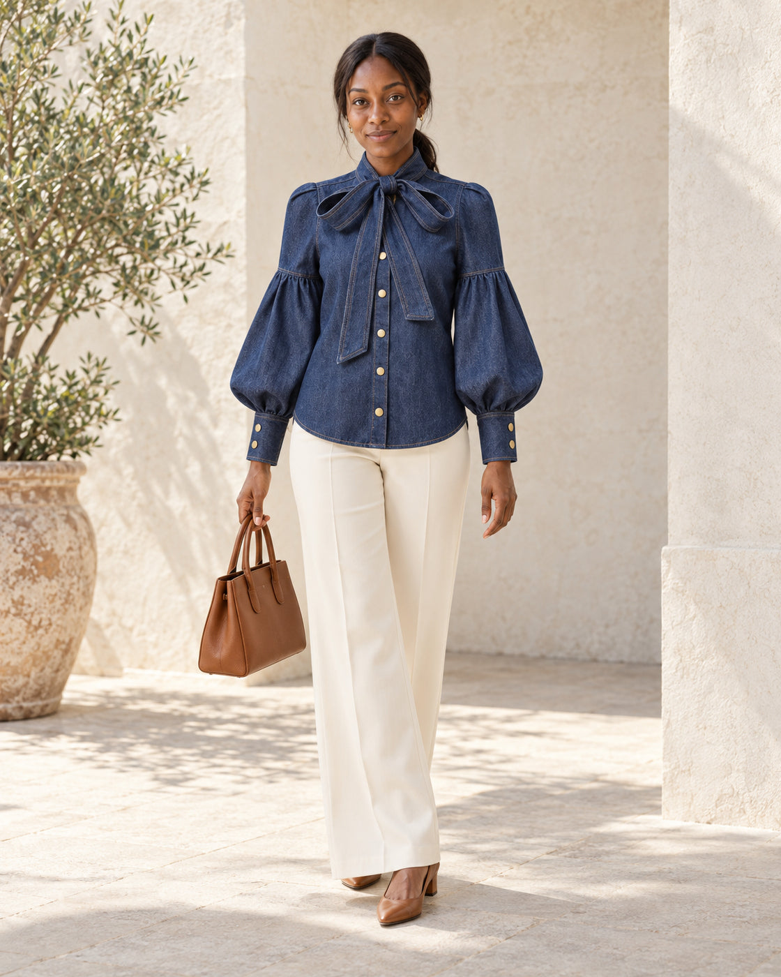Aderyn Bow Blouse — Denim Blue - Long Sleeve — Model 6 — front view