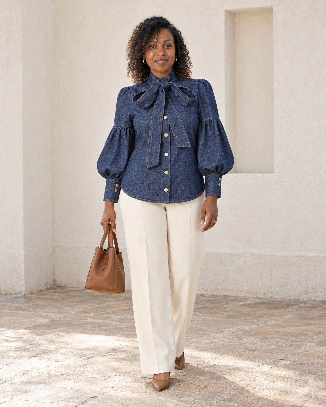 Aderyn Bow Blouse — Denim Blue - Long Sleeve — Model 7 — front view