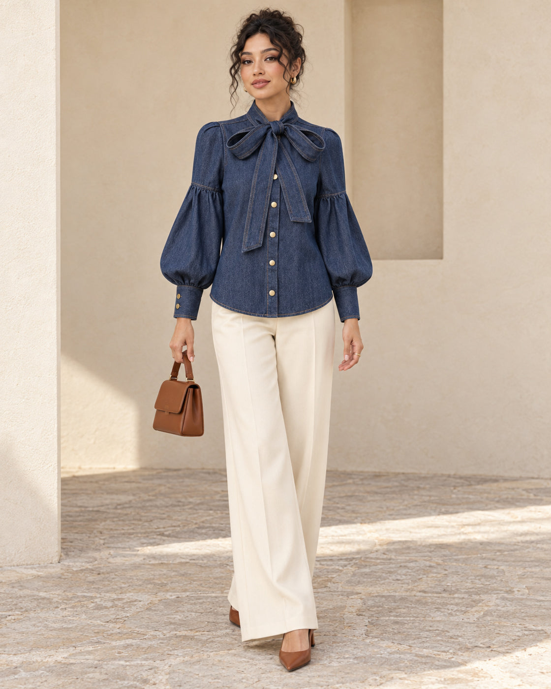 Aderyn Bow Blouse — Denim Blue - Long Sleeve — Model 9 — front view