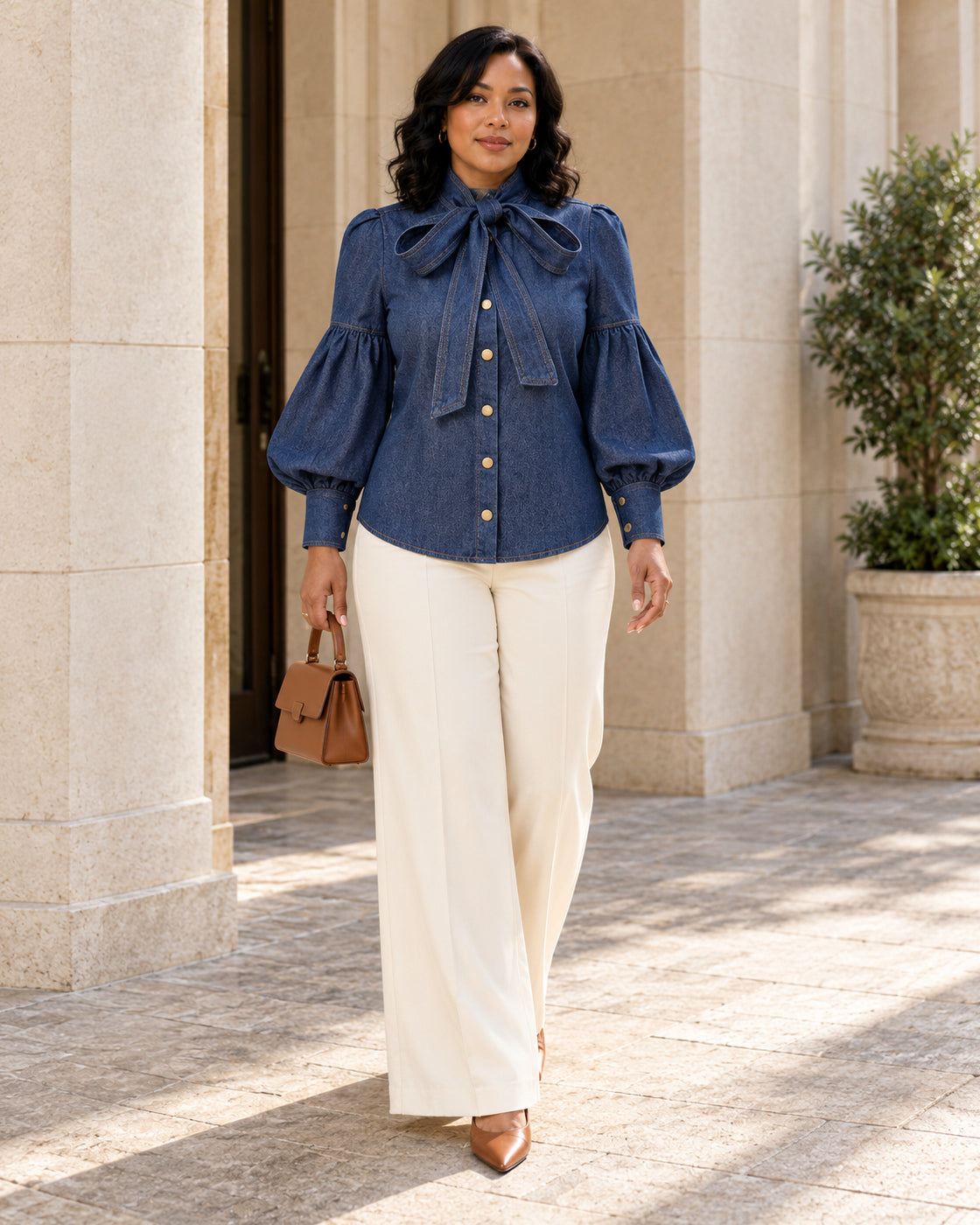 Aderyn Bow Blouse — Denim Blue - Long Sleeve — Model 10 — front view