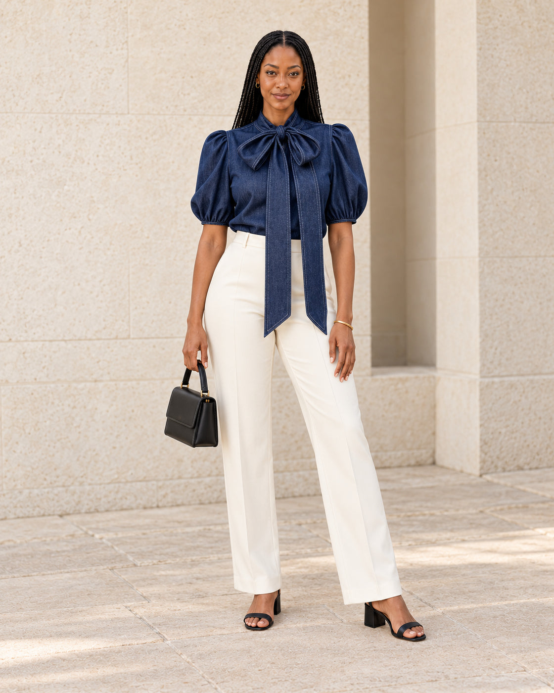Aderyn Bow Blouse — Denim Blue - Short Sleeve — Model 1 — front view