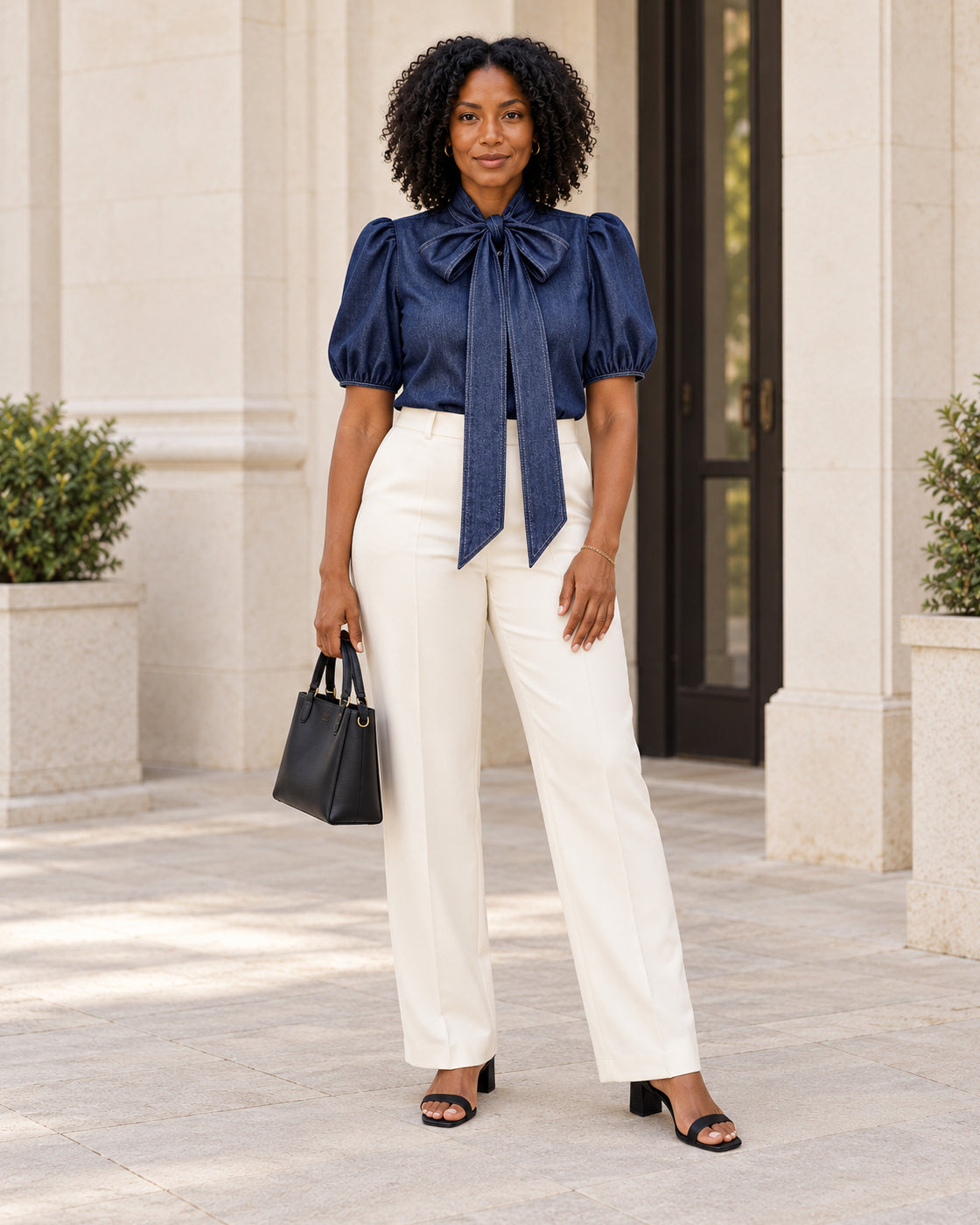 Aderyn Bow Blouse — Denim Blue - Short Sleeve — Model 2 — front view