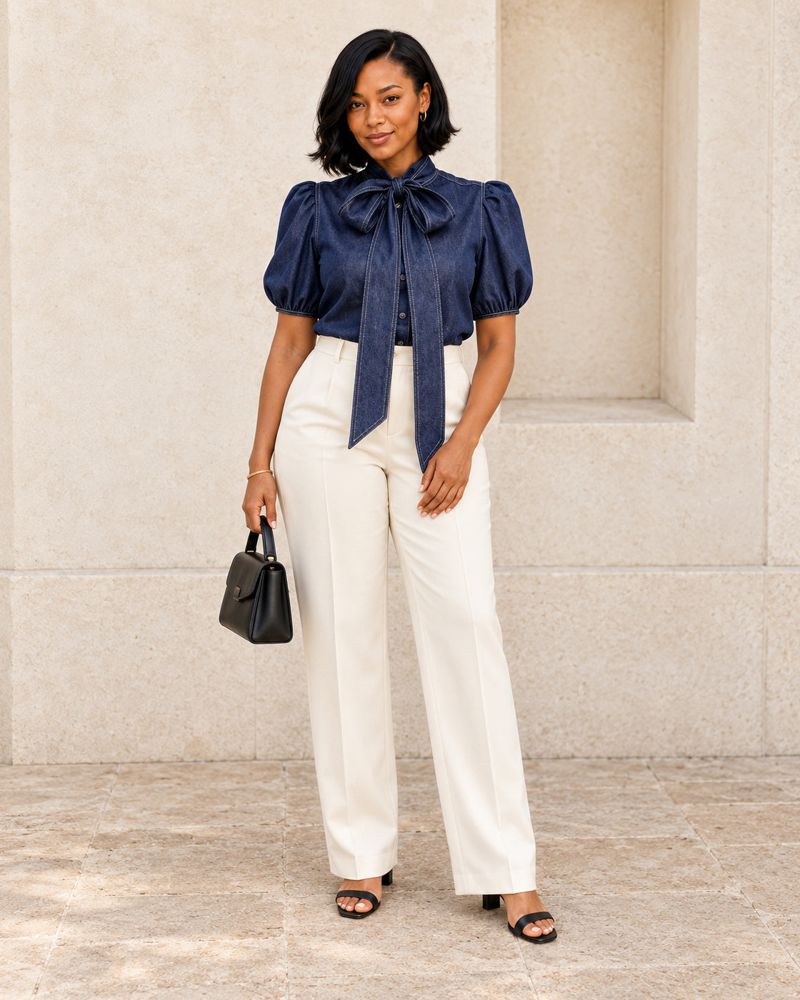 Aderyn Bow Blouse — Denim Blue - Short Sleeve — Model 3 — front view