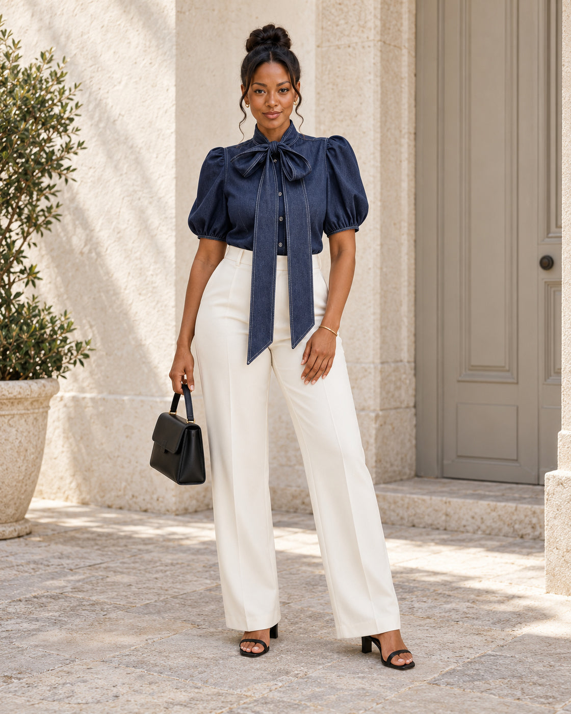 Aderyn Bow Blouse — Denim Blue - Short Sleeve — Model 4 — front view